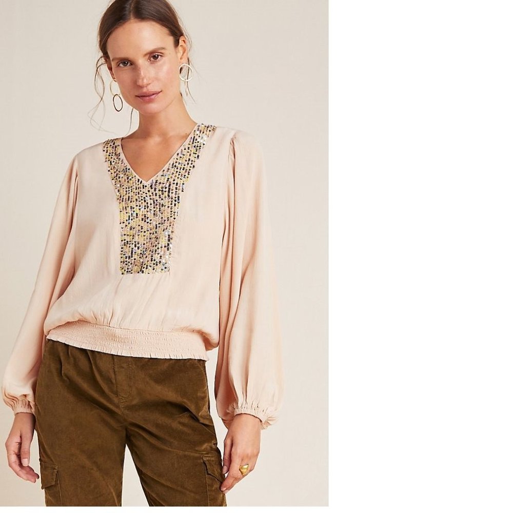 Anthropologie Cream Beaded Blouse